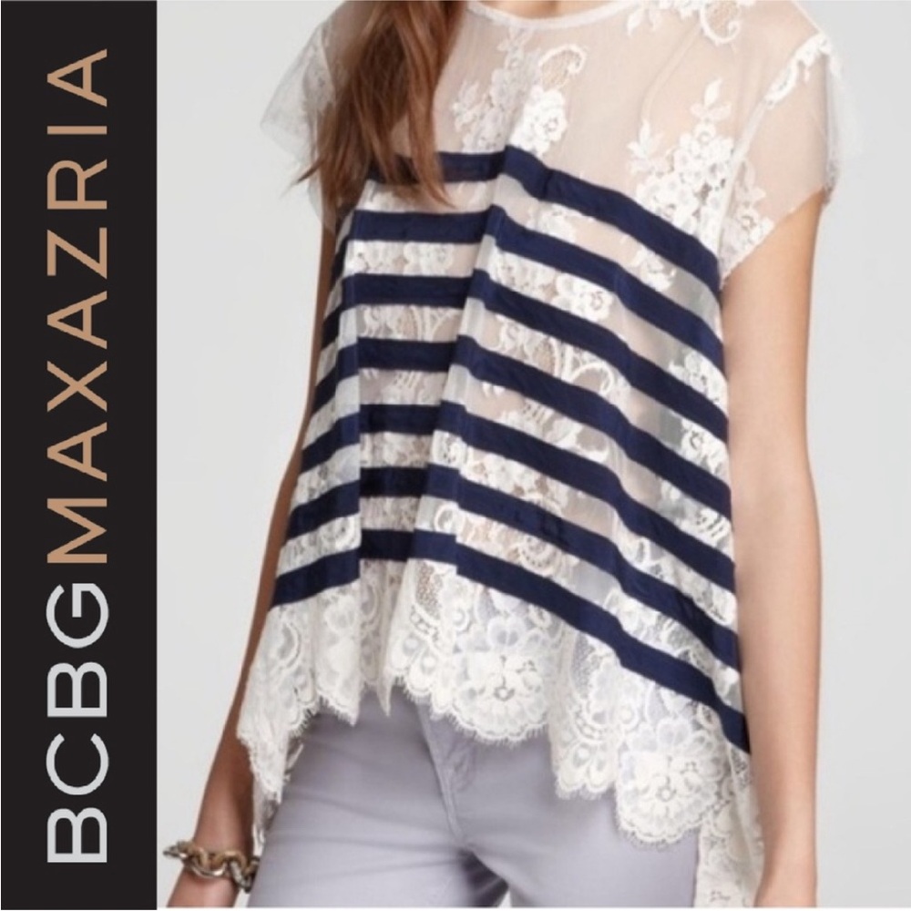 BCBG MaxAzria Dark Ink Combo Echo Lace Striped Top Small